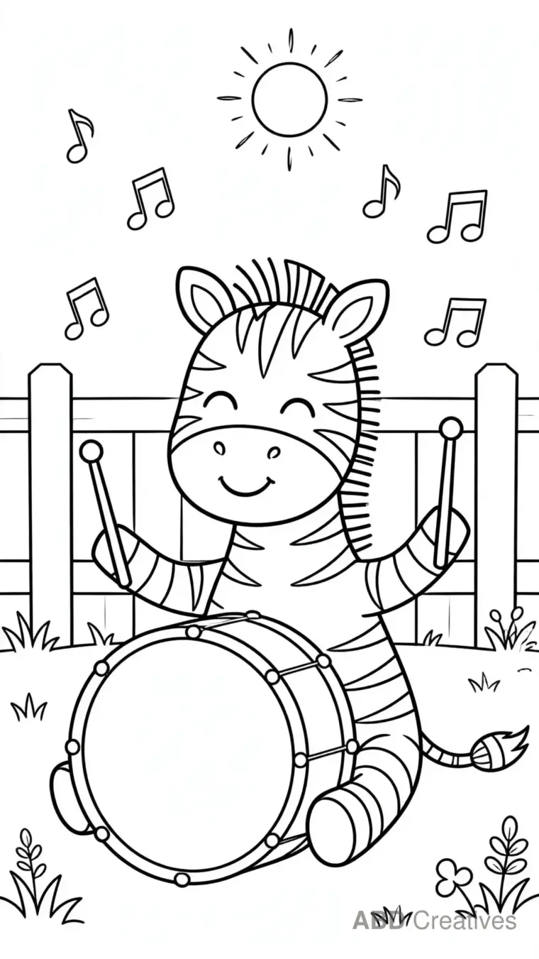 Zebra Playing a Drum in the Yard Coloring Page