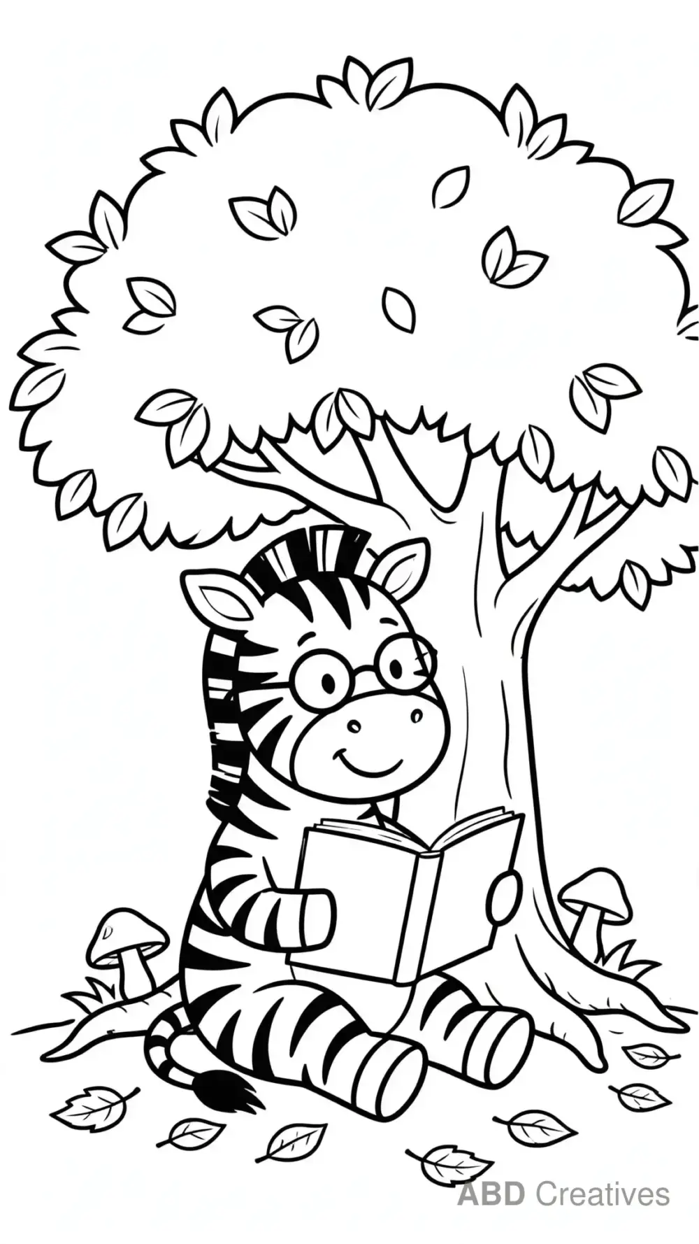 Zebra Reading a Book Under a Tree Coloring Page