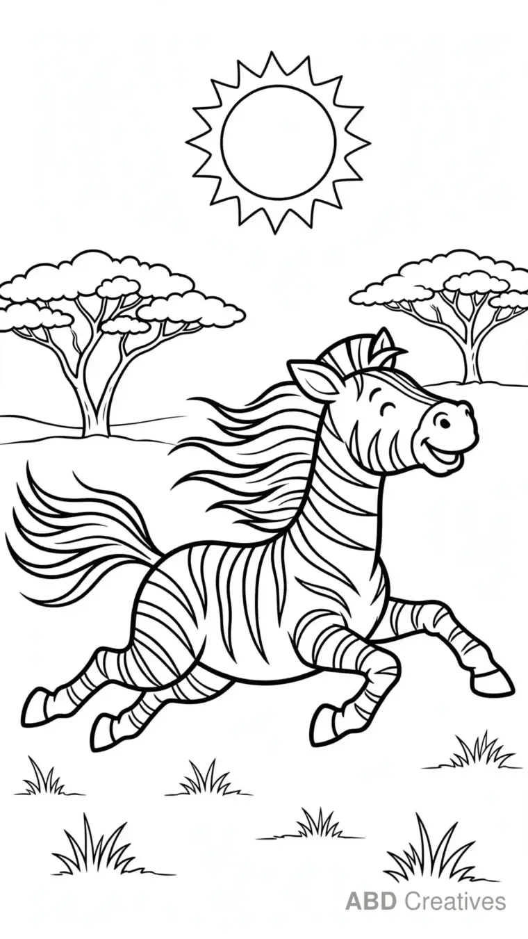 Zebra Running Across the Savannah Coloring Page