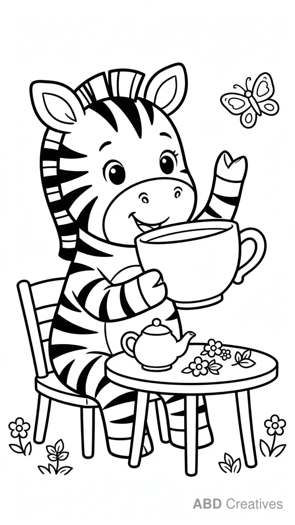 Zebra Sipping from a Teacup Coloring Page