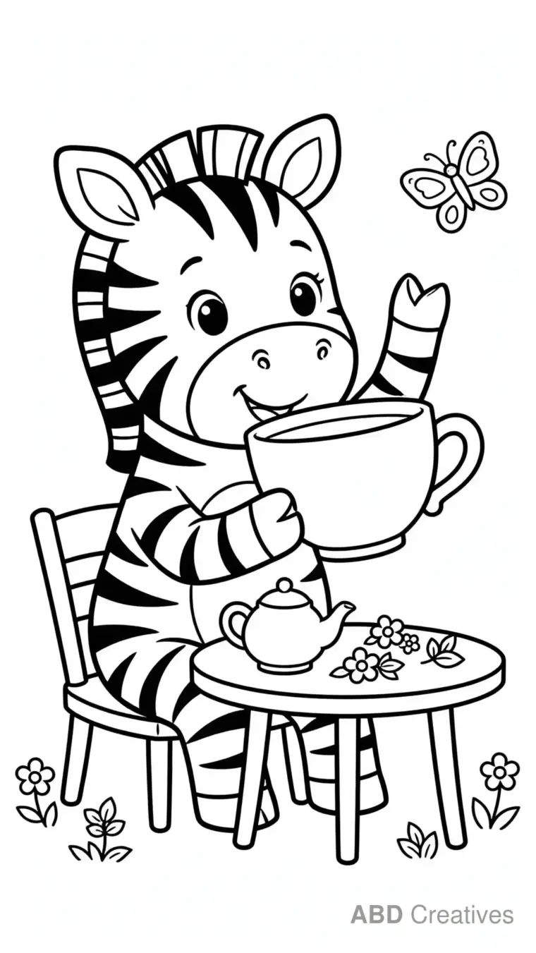 Zebra Sipping from a Teacup Coloring Page