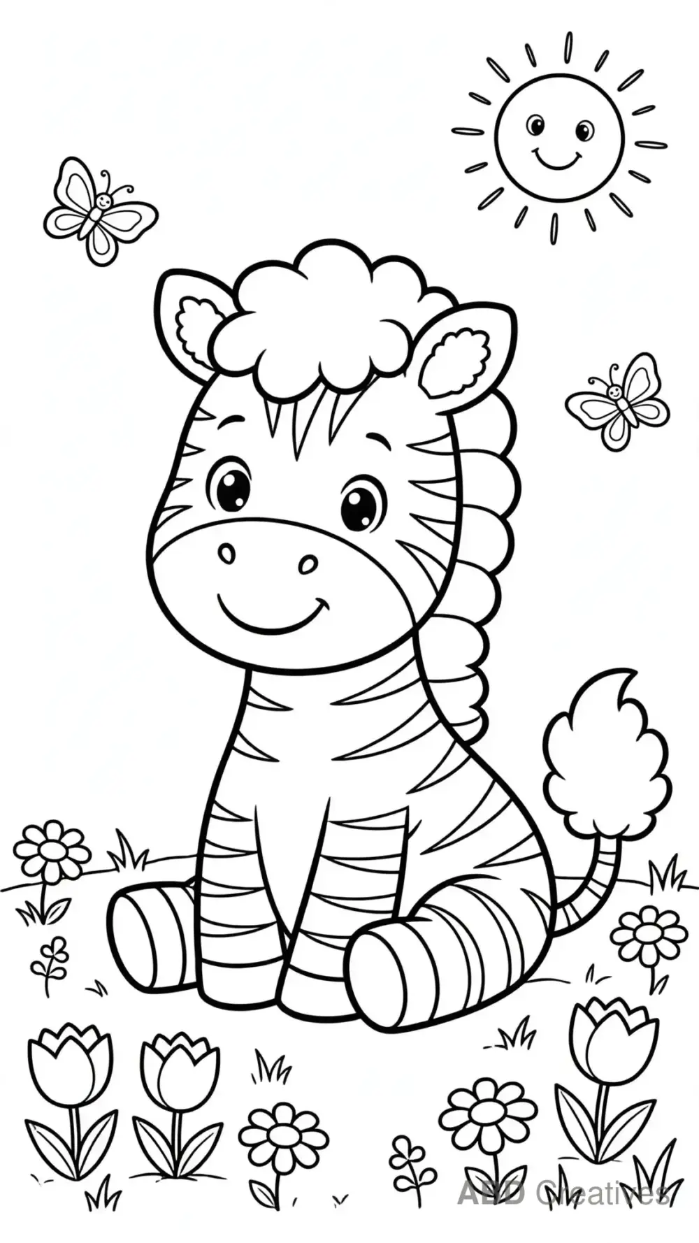 Zebra Sitting in a Flower Meadow Coloring Page