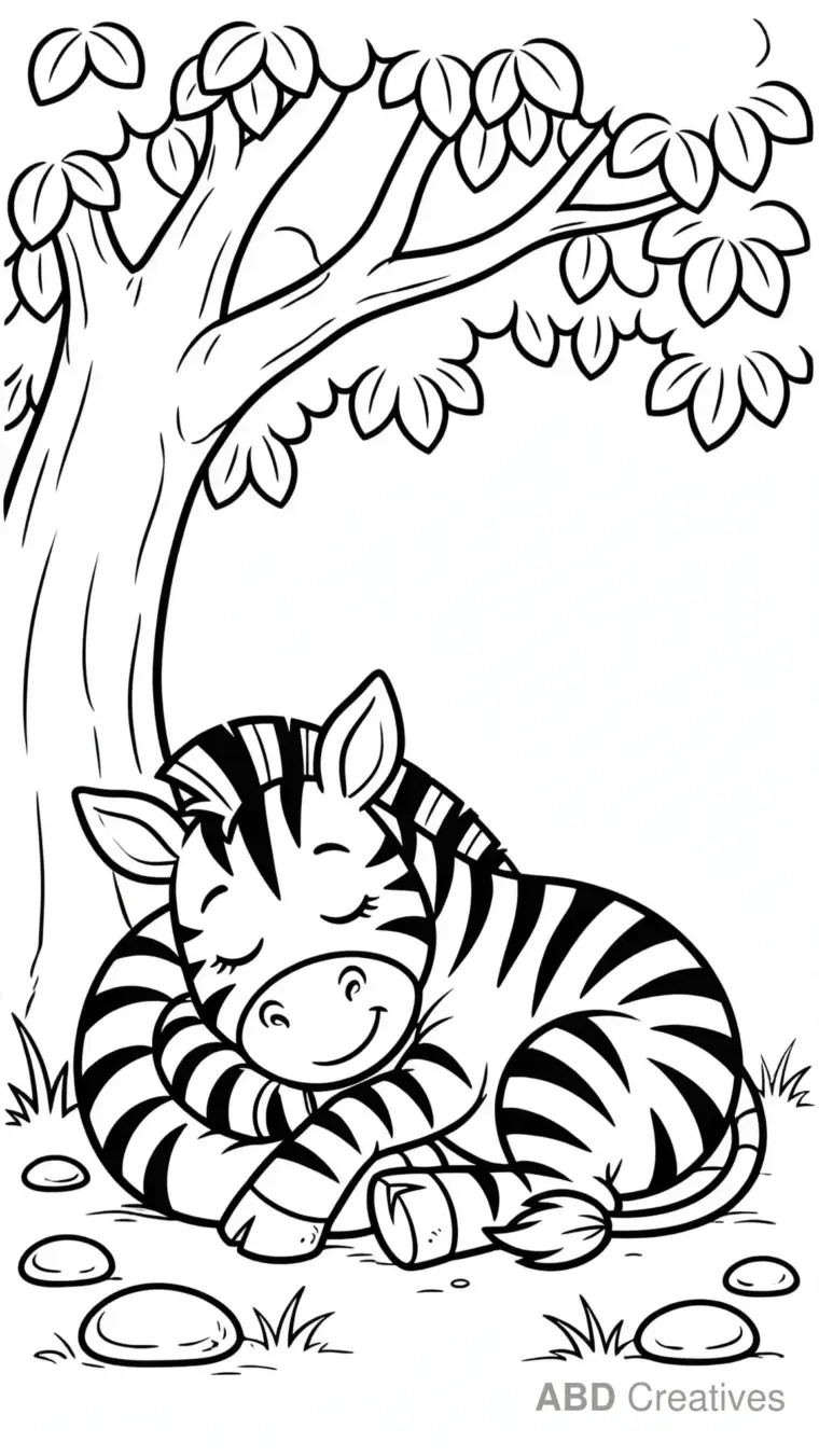 Zebra Sleeping Under a Tree Coloring Page