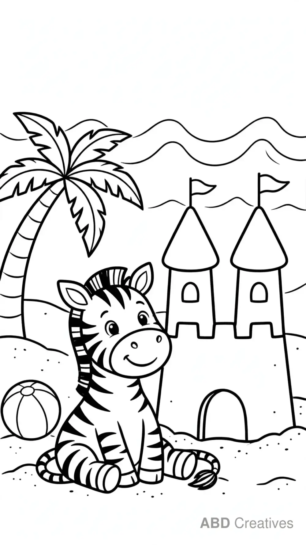 Zebra at the Beach with a Sandcastle Coloring Page