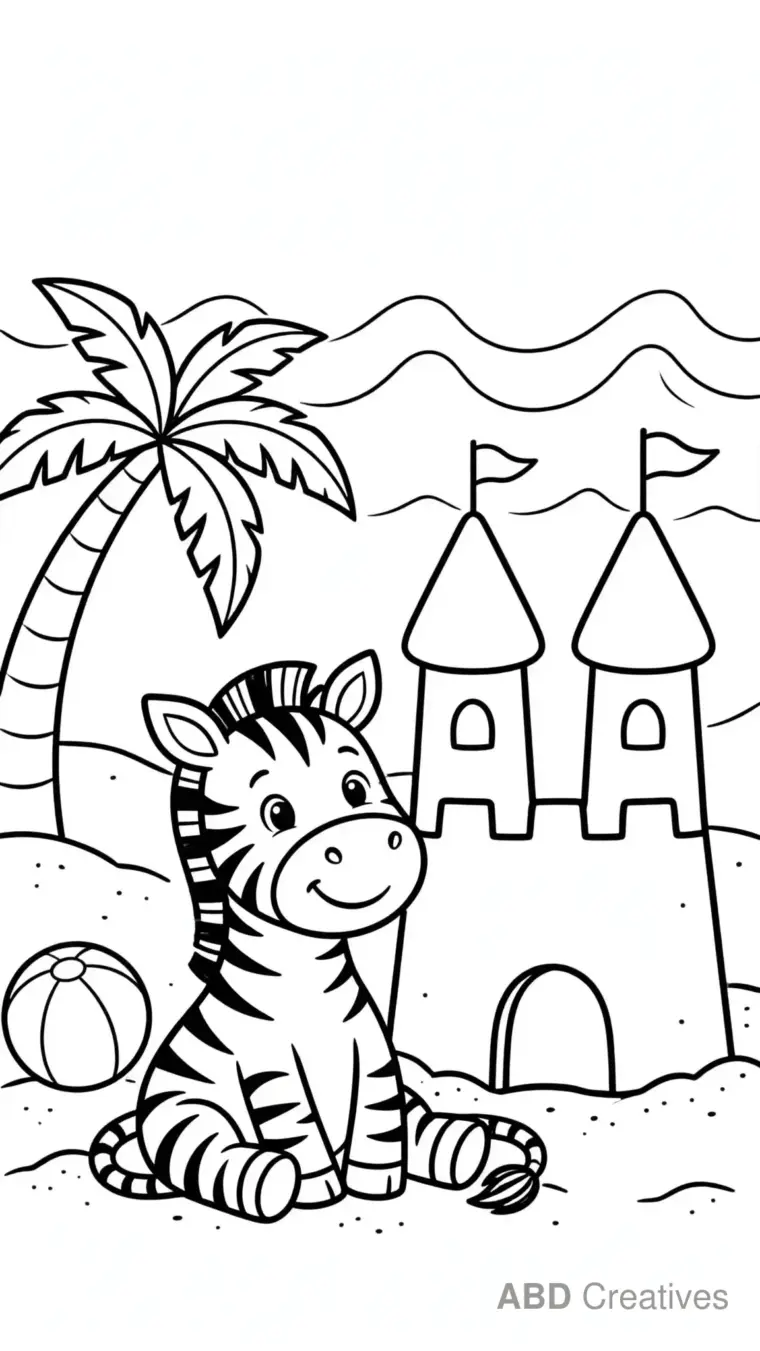 Zebra at the Beach with a Sandcastle Coloring Page