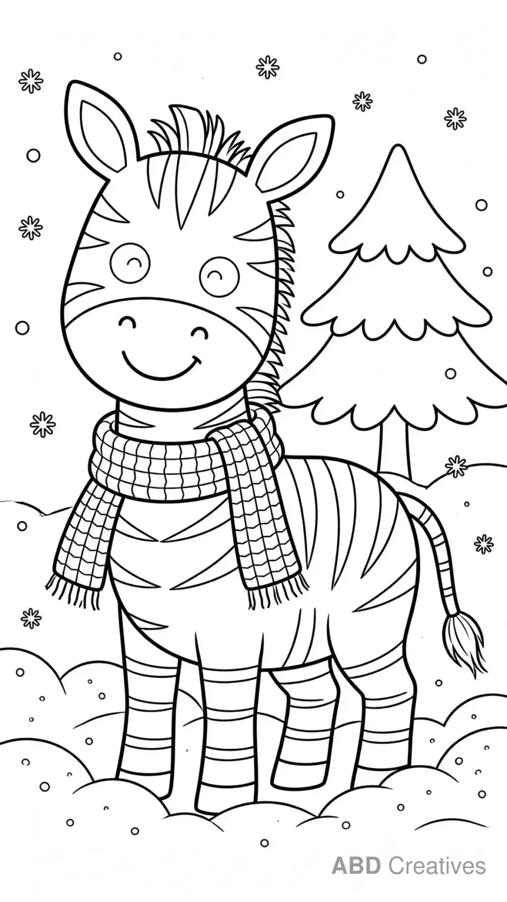 Zebra in Winter Snow Wearing a Scarf Coloring Page