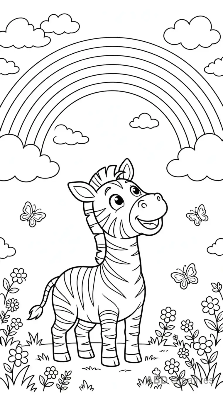 Zebra with a Rainbow in the Sky Coloring Page