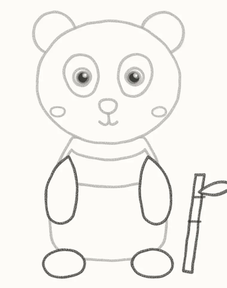 How to Draw a Cartoon Baby Panda, step 6: add the arms, feet and bamboo