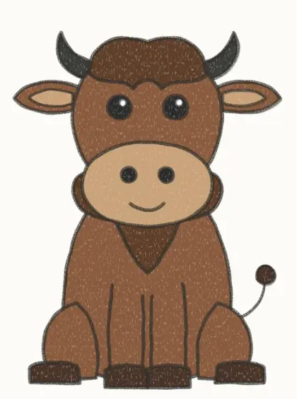 Finished cartoon bison drawing, coloured