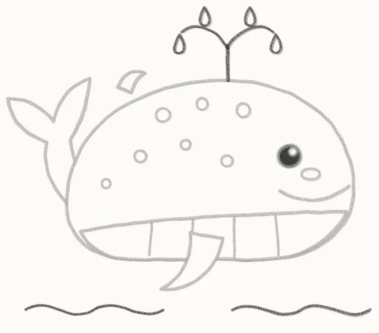 How to Draw a Cartoon Blue Whale, step 6: draw the spout and waves