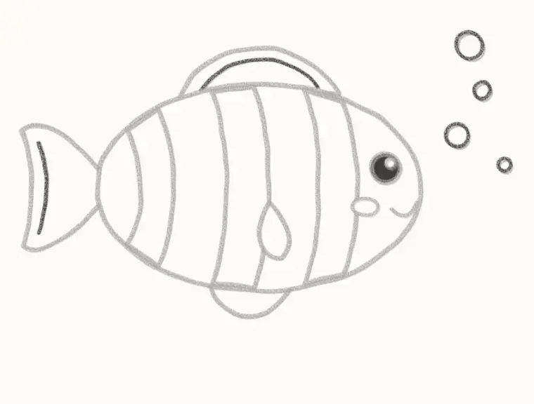 How to Draw a Cartoon Clownfish, step 6: add the fin edges and bubbles