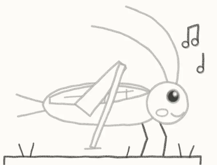 How to Draw a Cartoon Cricket, step 6: add the front legs, grass and music notes