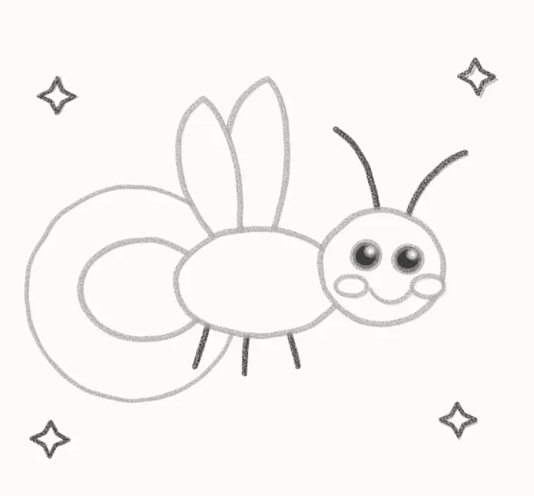 How to Draw a Cartoon Firefly, step 6: add the antennae, legs and stars