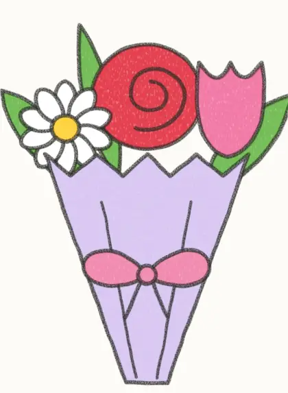 Finished cartoon flower bouquet drawing, coloured