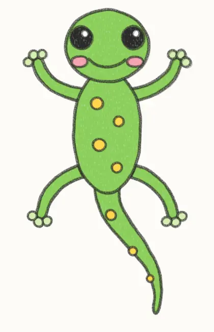 Finished cartoon gecko drawing, coloured