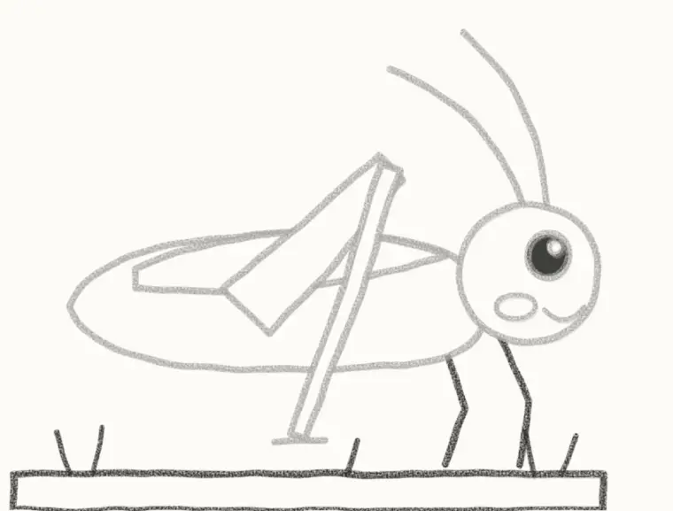 How to Draw a Cartoon Grasshopper, step 6: draw the front legs and grass