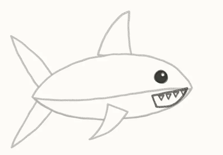 How to Draw a Cartoon Great White Shark, step 5: draw the face and teeth