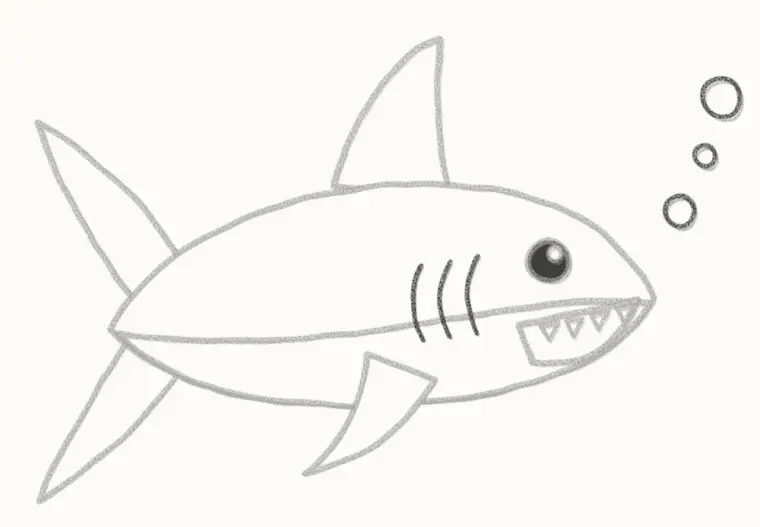 How to Draw a Cartoon Great White Shark, step 6: add the gills and bubbles