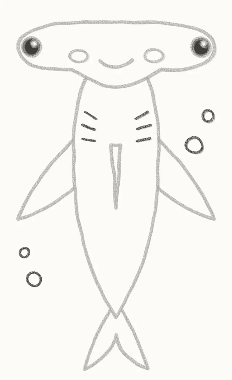 How to Draw a Cartoon Hammerhead Shark, step 6: add the gill lines and bubbles