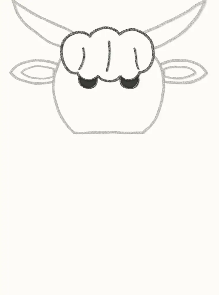 How to Draw a Cartoon Highland Cow, step 3: draw the eyes and shaggy fringe