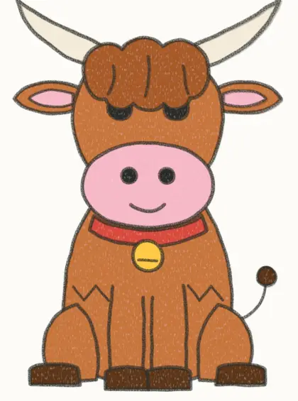 Finished cartoon highland cow drawing, coloured