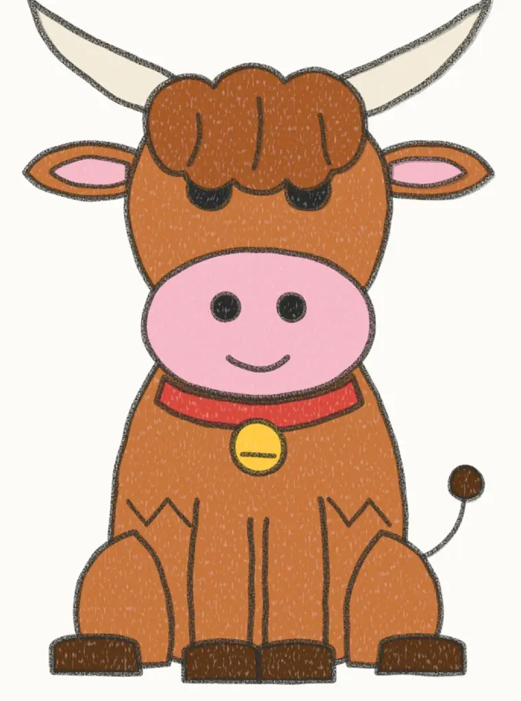 How to Draw a Cartoon Highland Cow, step 7 of 7: color your highland cow, pencil drawing