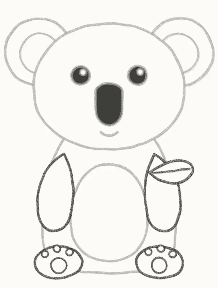 How to Draw a Cartoon Koala, step 6: add the arms, feet and leaf