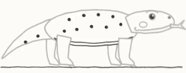 How to Draw a Cartoon Komodo Dragon, step 6: draw the scales and ground