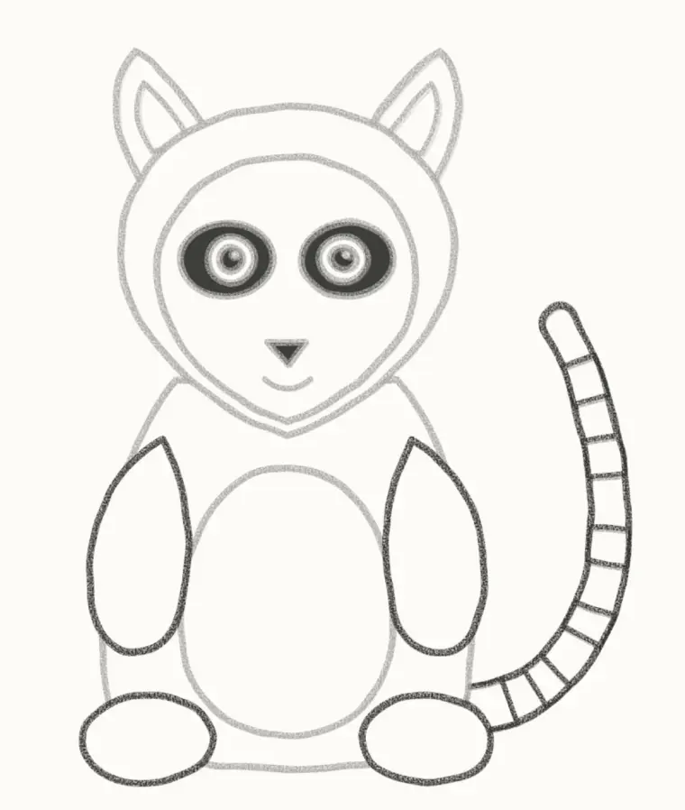 How to Draw a Cartoon Lemur, step 6: add the arms, feet and striped tail