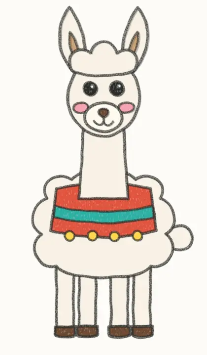 Finished cartoon llama drawing, coloured