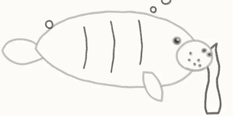 How to Draw a Cartoon Manatee, step 6: add the wrinkles and bubbles