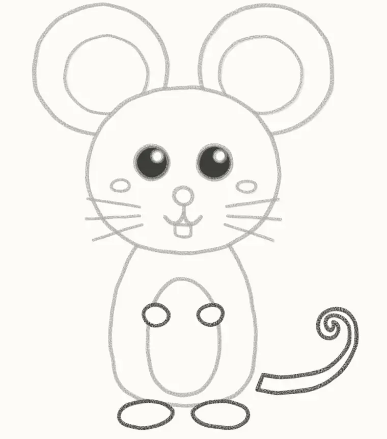 How to Draw a Cartoon Mouse, step 6: add the paws, feet and tail
