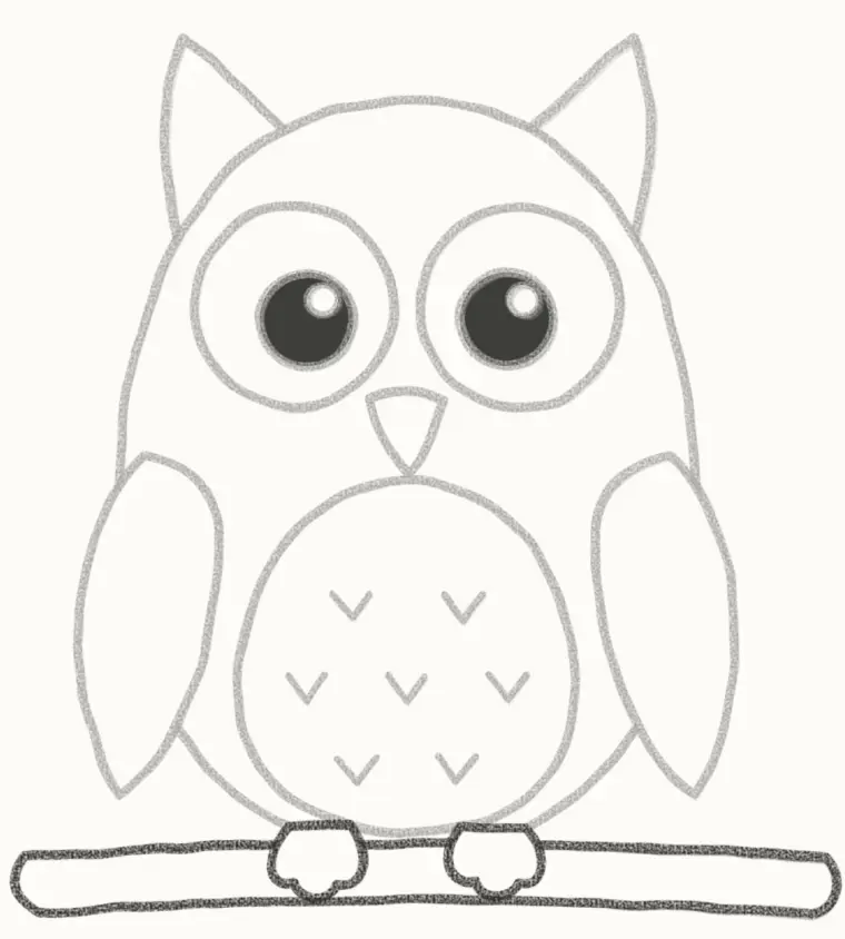 How to Draw a Cartoon Owl, step 6: draw the feet and branch
