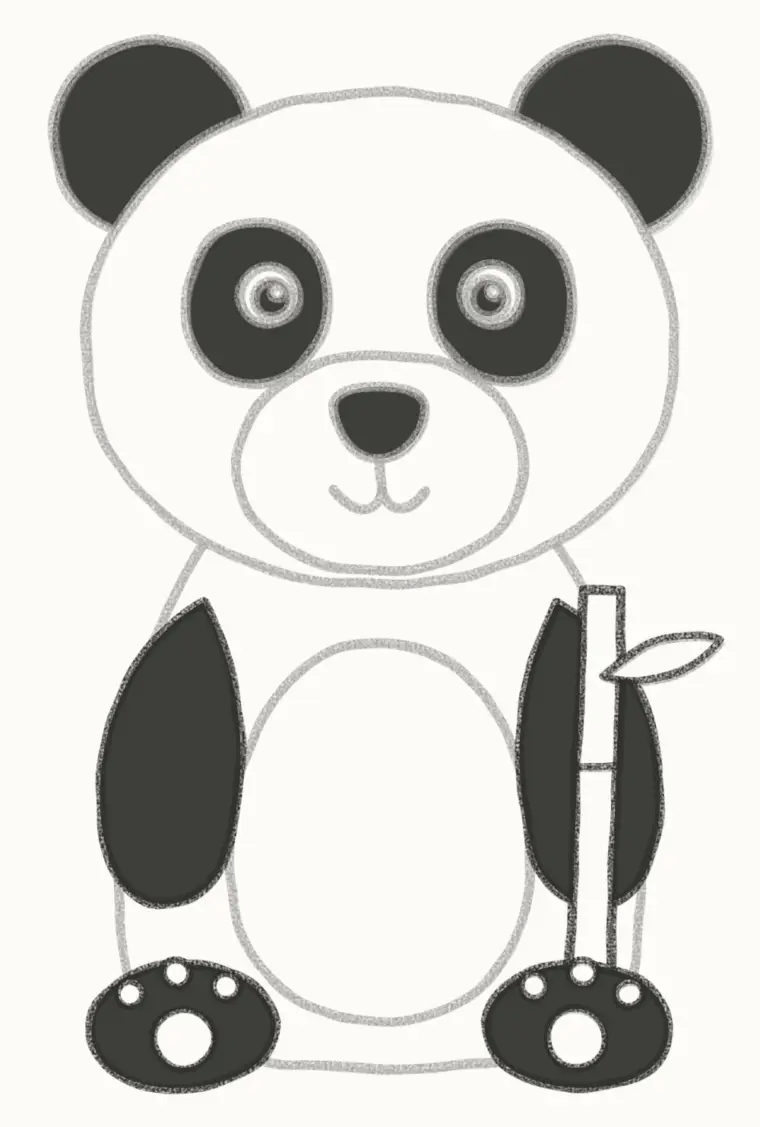 How to Draw a Cartoon Panda, step 6: add the arms, feet and bamboo