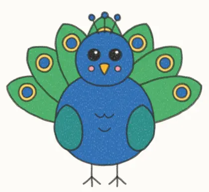 Finished cartoon peacock drawing, coloured