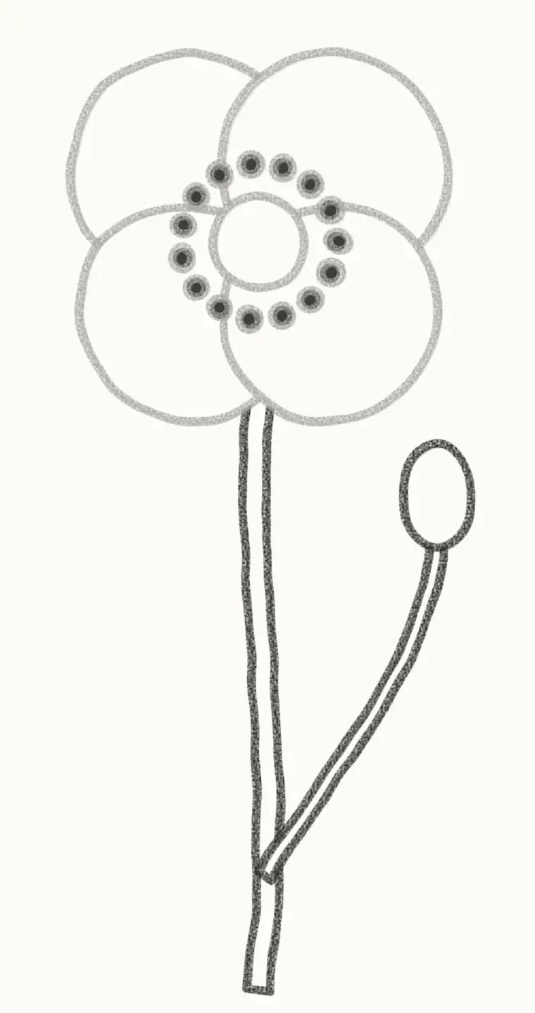 How to Draw a Cartoon Poppy, step 5: draw the stem and bud