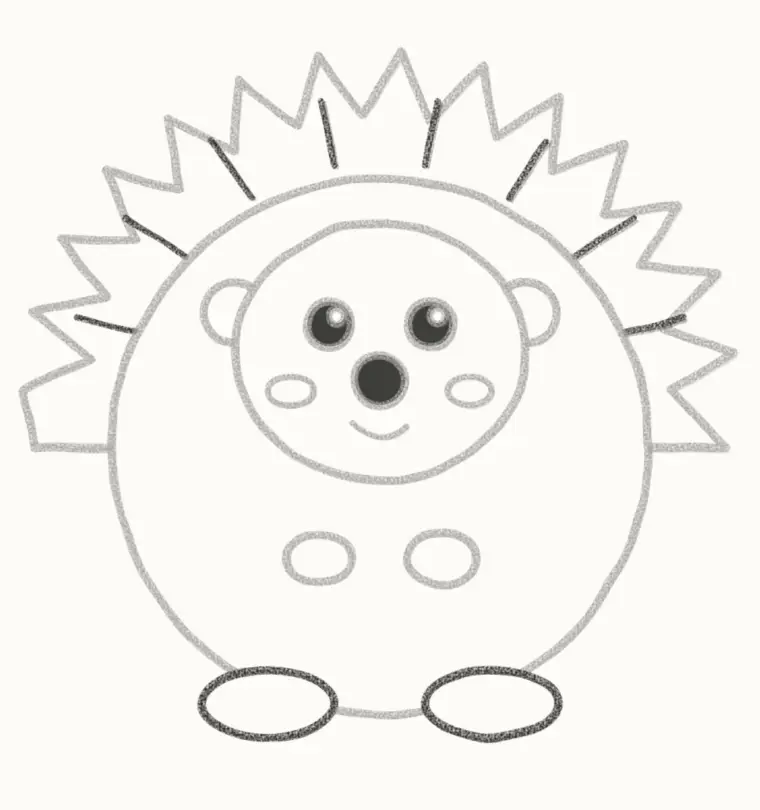 How to Draw a Cartoon Porcupine, step 6: draw the feet and quill lines