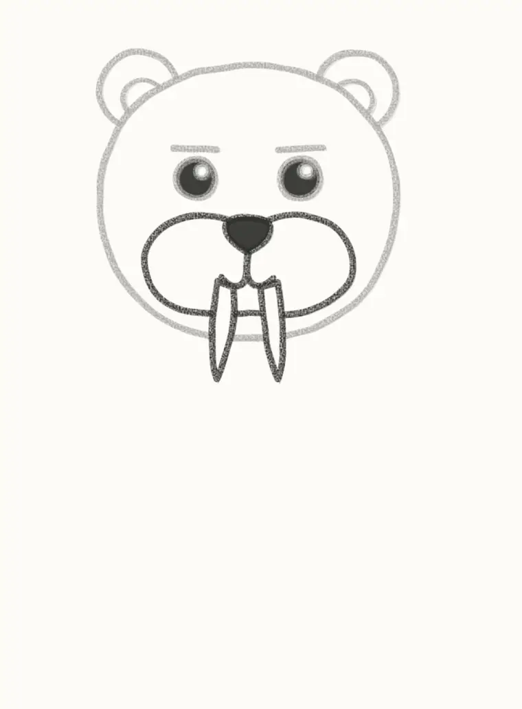 How to Draw a Cartoon Saber Tooth Tiger, step 4: draw the muzzle and big teeth
