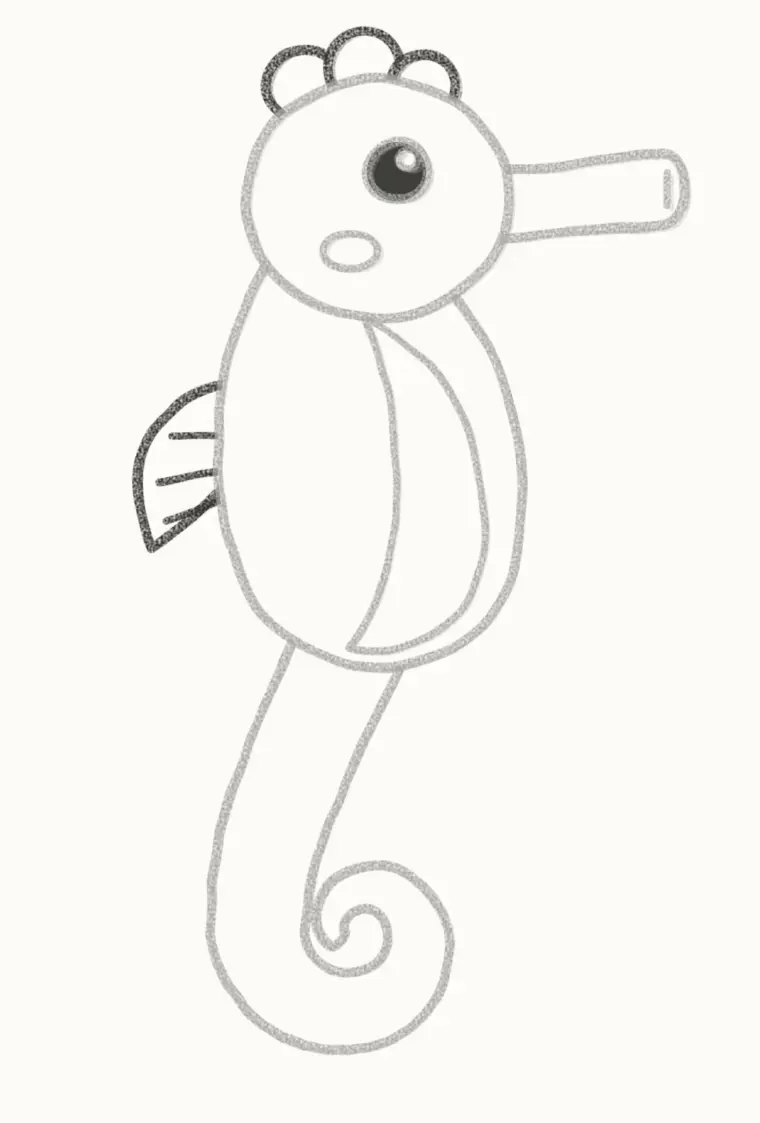 How to Draw a Cartoon Seahorse, step 5: add the crown and back fin