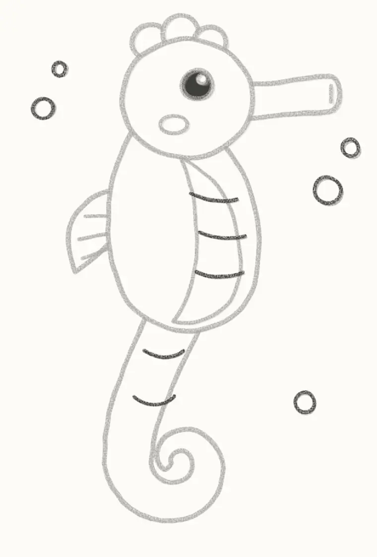 How to Draw a Cartoon Seahorse, step 6: draw the tummy lines and bubbles