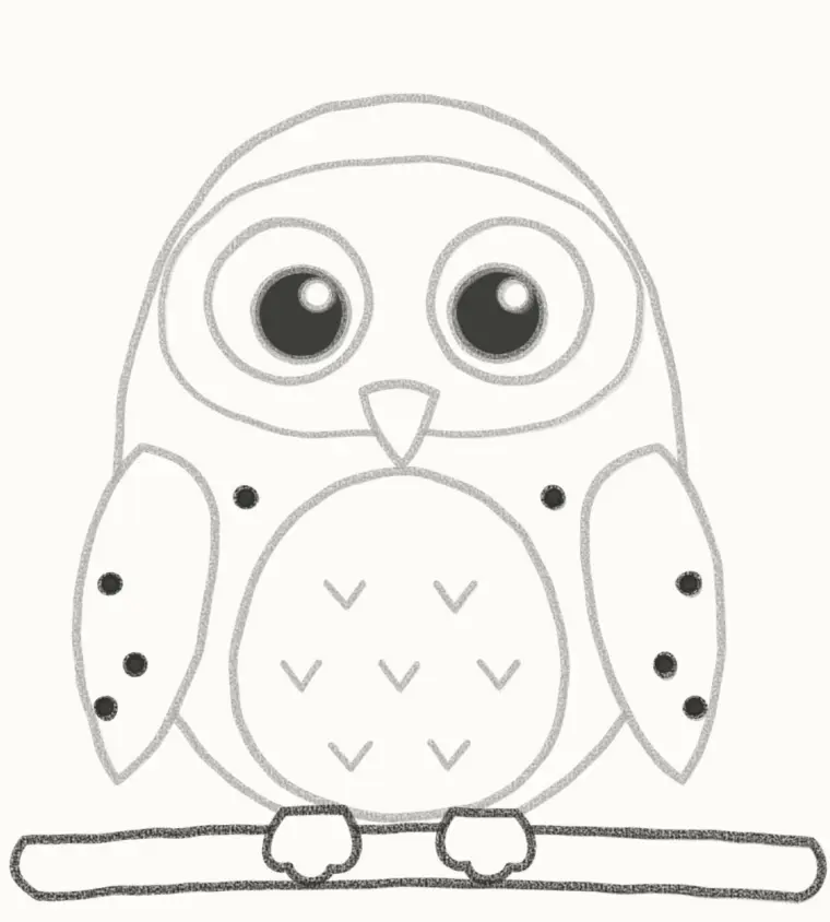 How to Draw a Cartoon Snowy Owl, step 6: draw the branch, feet and spots