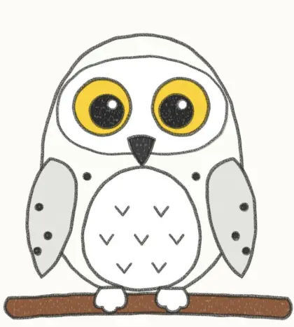 Finished cartoon snowy owl drawing, coloured