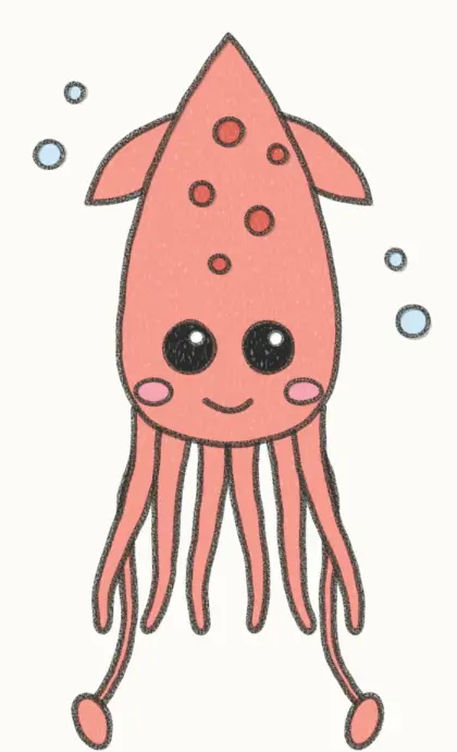 Finished cartoon squid drawing, coloured