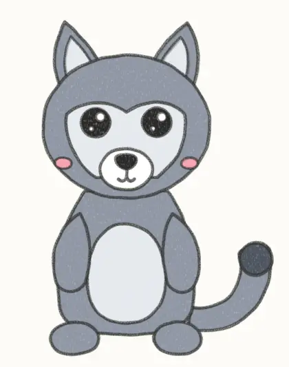 Finished cartoon wolf pup drawing, coloured