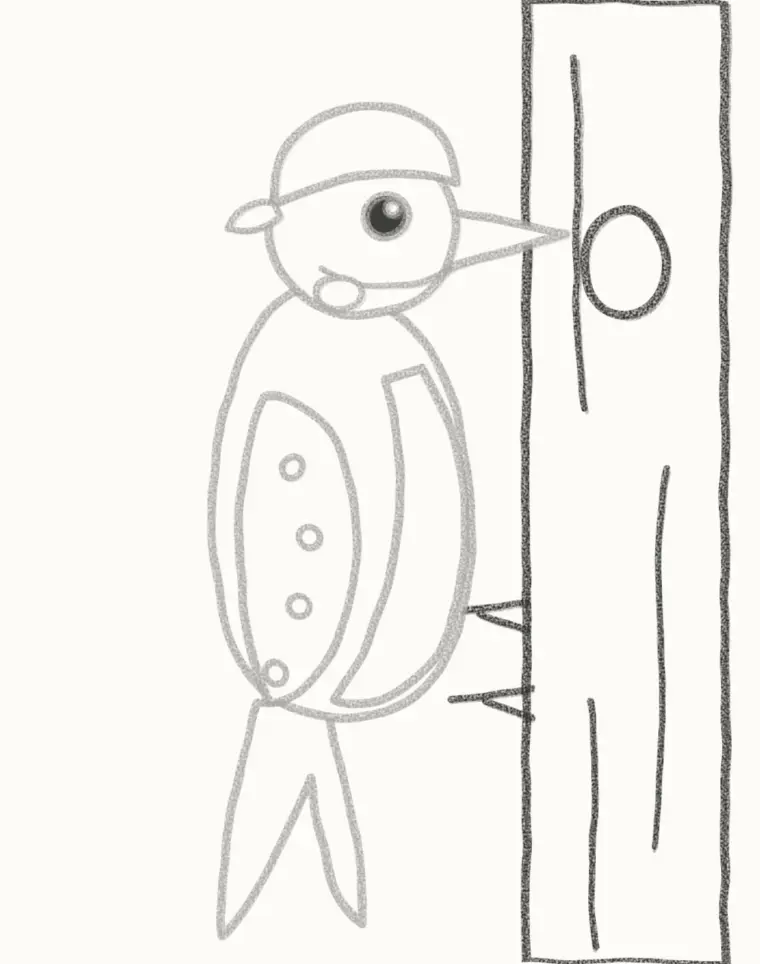 How to Draw a Cartoon Woodpecker, step 6: draw the tree and feet