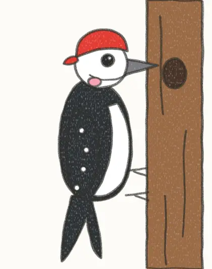 Finished cartoon woodpecker drawing, coloured