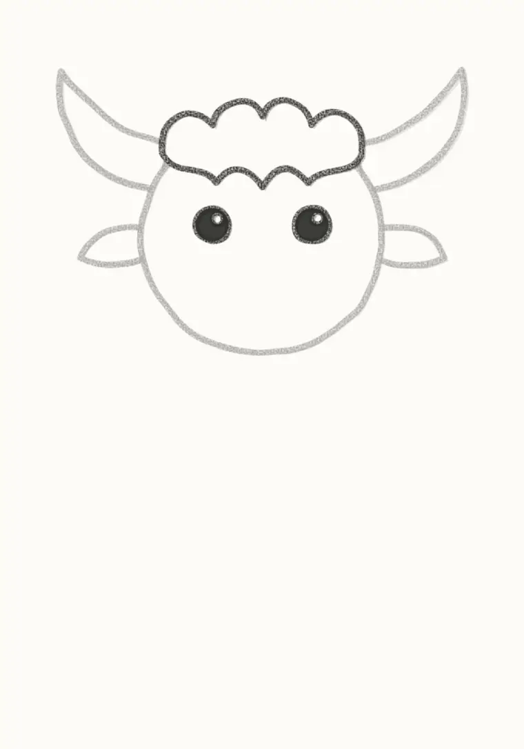 How to Draw a Cartoon Yak, step 3: draw the hair and eyes
