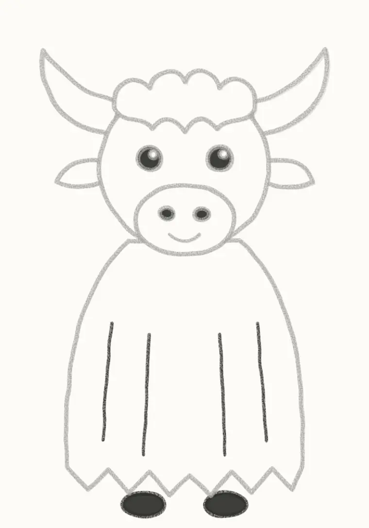 How to Draw a Cartoon Yak, step 6: add the hooves and hair lines