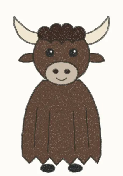 Finished cartoon yak drawing, coloured